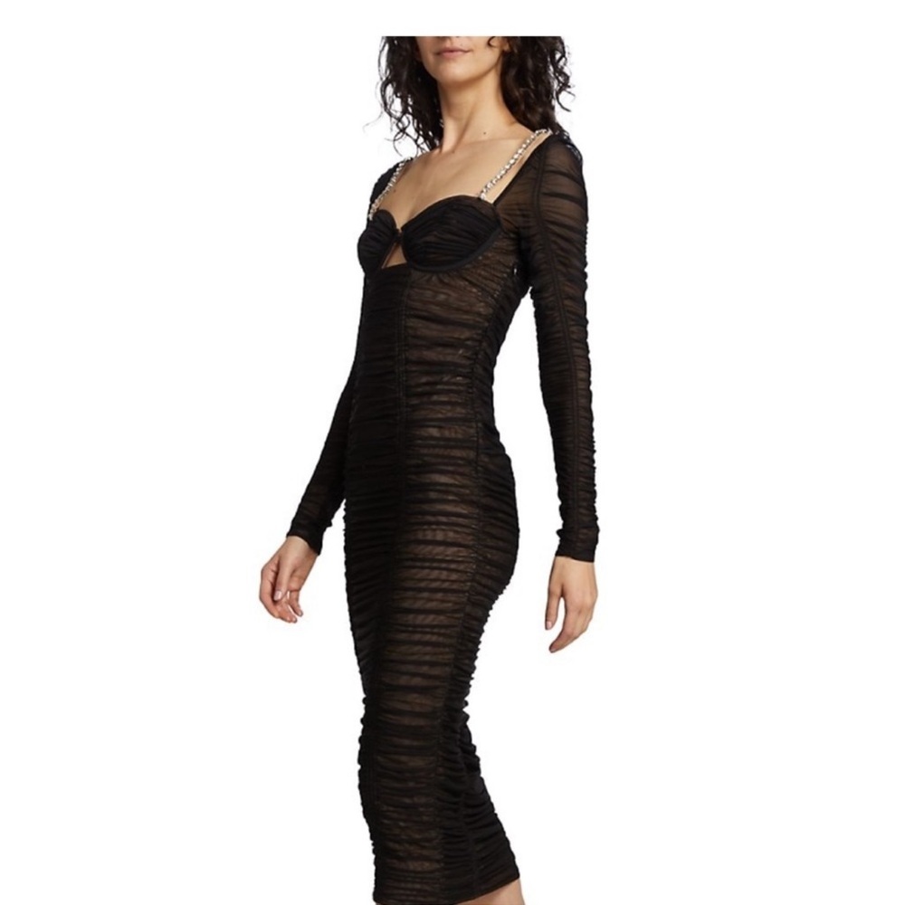NWT self portrait power mesh long sleeve midi dress with rhinestone black nude